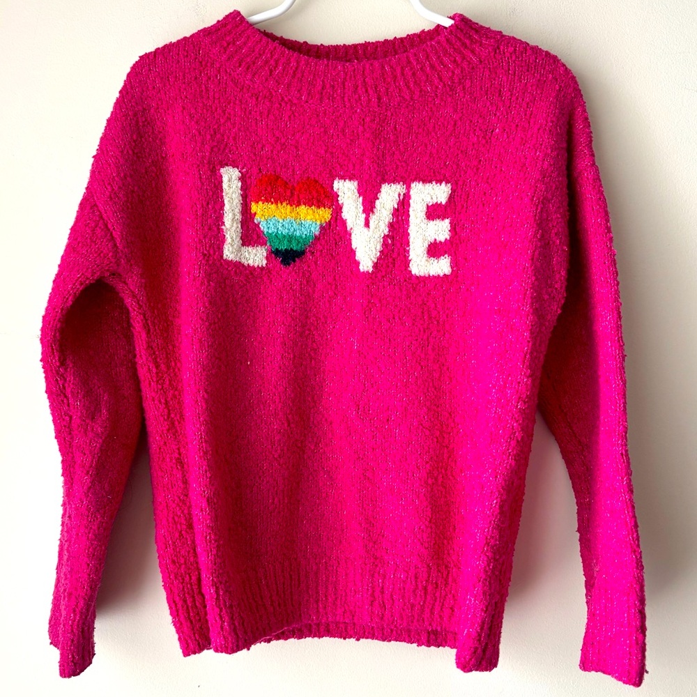 Gap Girls Cozy LOVE Graphic Crewneck Sweater Pink Small